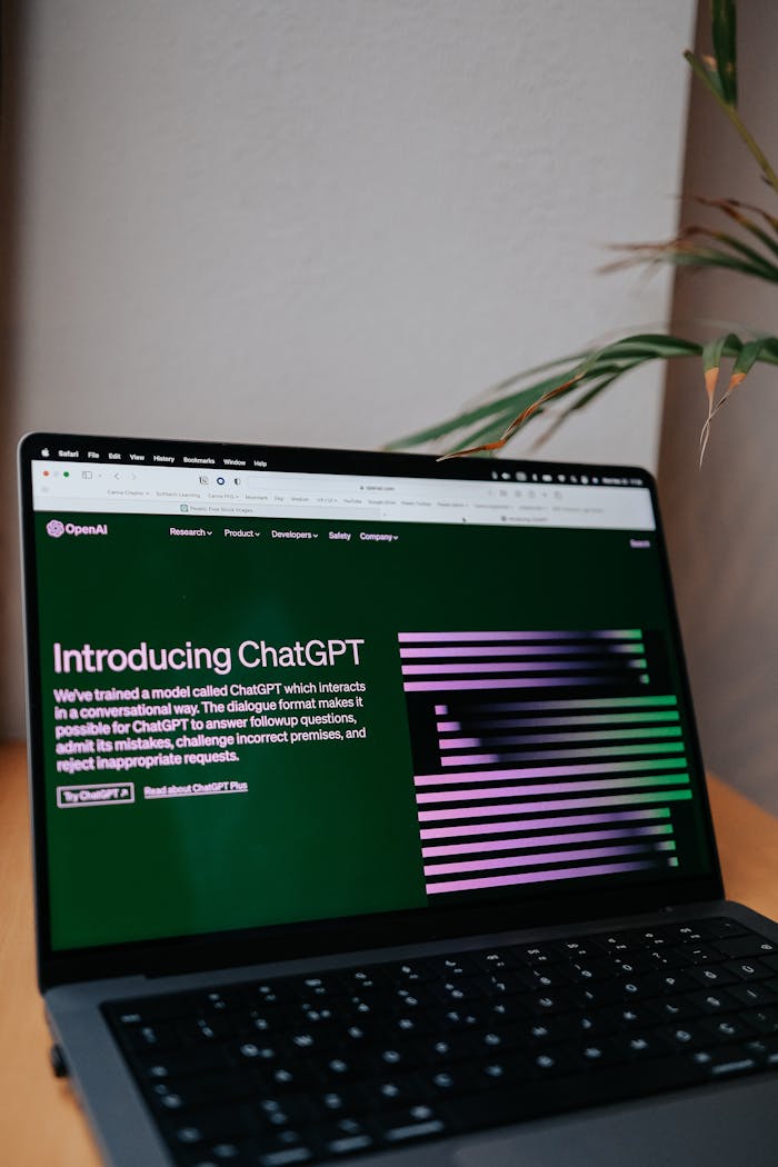 services-04 OpenAI ChatGPT introduction on a laptop screen with focus on new AI features.
