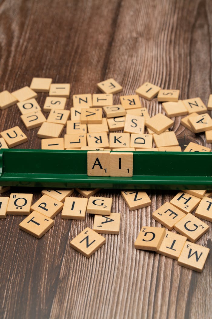 services-03 Scrabble tiles spelling 'AI' on a wooden surface symbolize artificial intelligence technology.